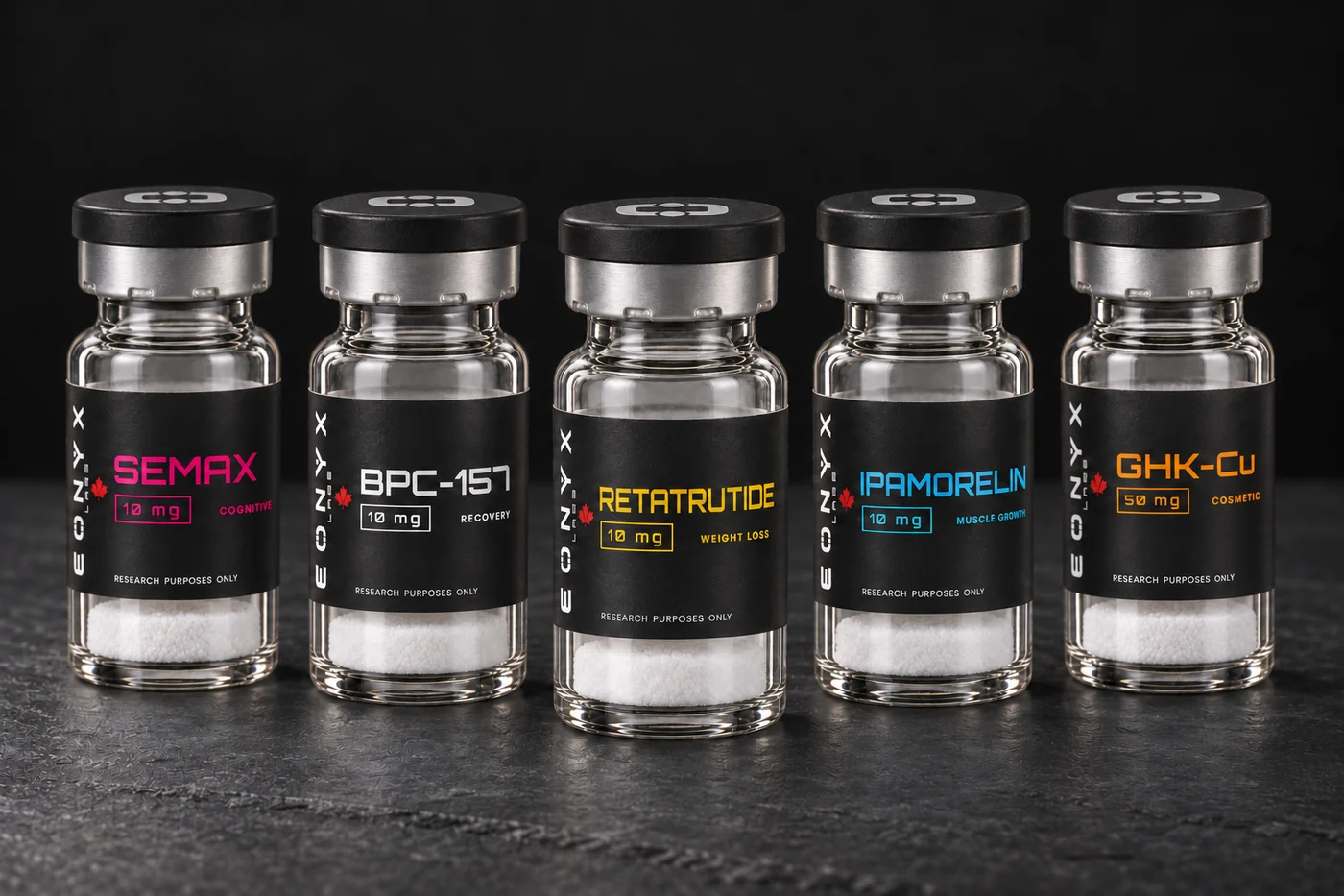 Five EONYX research vials in a photographic catalogue lineup