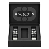 Open EONYX small box with two research vials seated in the foam insert — packaging illustration