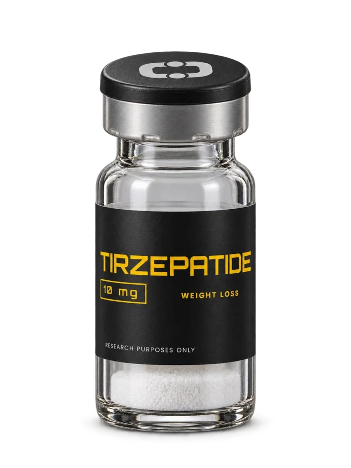 TIRZEPATIDE 10 mg research vial — photographic illustration