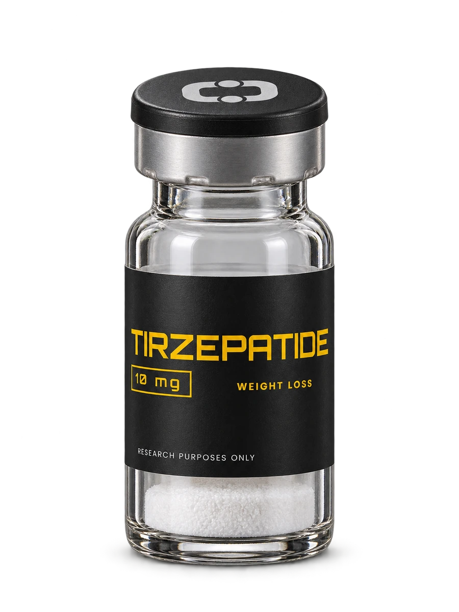 TIRZEPATIDE 10 mg research vial — photographic illustration