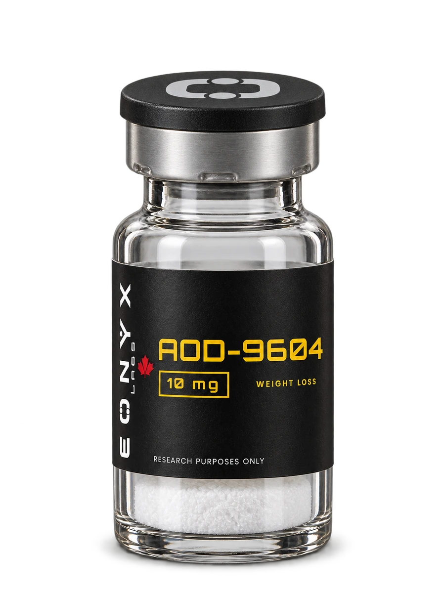 AOD-9604 10 mg research vial — photographic illustration