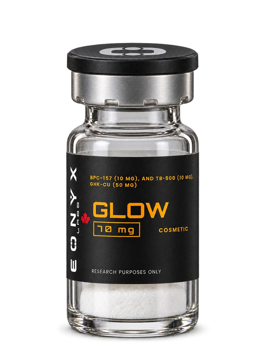 GLOW 70 mg research vial — photographic illustration