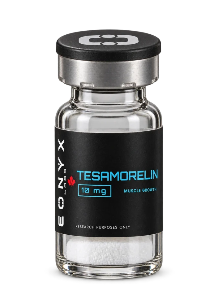 TESAMORELIN 10 mg research vial — photographic illustration