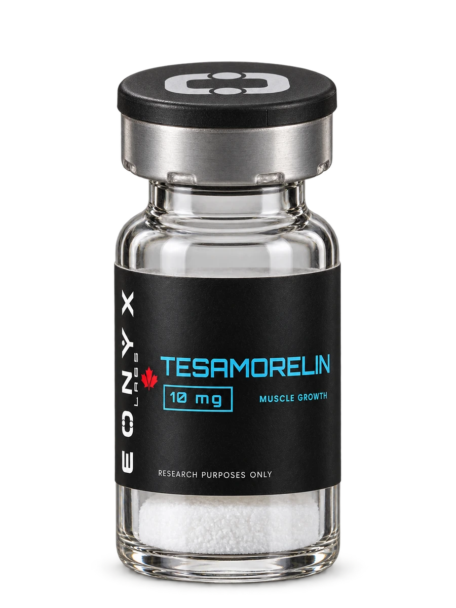 TESAMORELIN 10 mg research vial — photographic illustration
